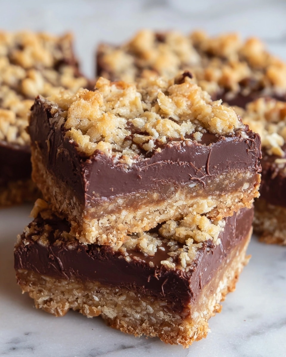 The image shows close-up of chocolate oat bars with three distinct layers. The bottom layer is a light brown crust with a crumbly texture, the middle layer is thick, dark chocolate with a smooth yet slightly bumpy surface, and the top layer is a golden crumbly oat mixture spread unevenly with visible oats. The edges of the bars show the chocolate layer slightly melting over the crust edges. The bars are placed on a white marbled surface. photo taken with an iphone --ar 4:5 --v 7