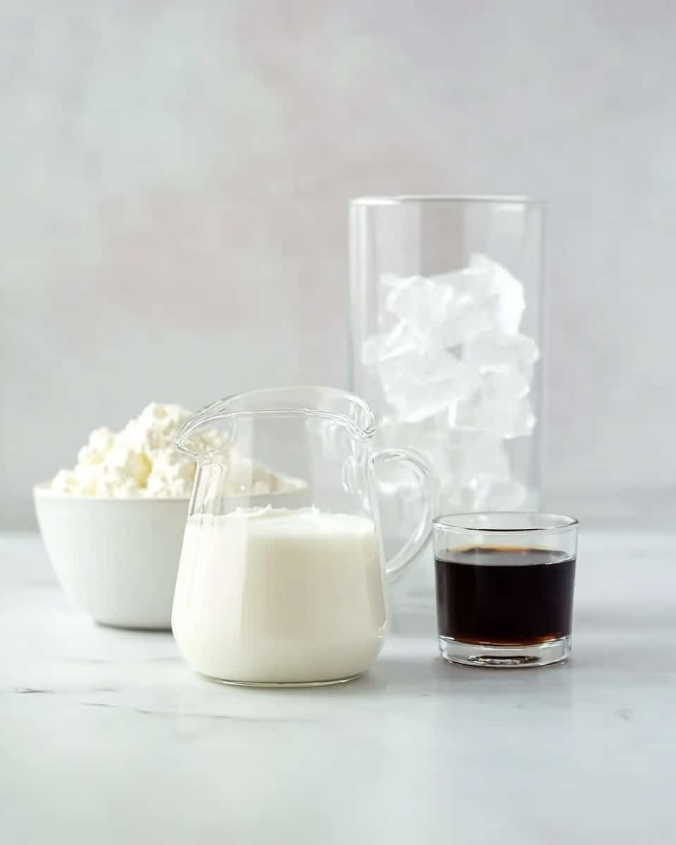 The image shows four clear glass containers on a white marbled surface. In the front left is a short, wide glass jug filled halfway with white cream. To its right, a small clear glass holds dark brown liquid. Behind them, a taller glass is filled with white ice cubes, while a white bowl on the far left contains a fluffy white substance, possibly cottage cheese or ricotta. The scene is bright and simple, with soft shadows and a clean look. photo taken with an iphone --ar 4:5 --v 7