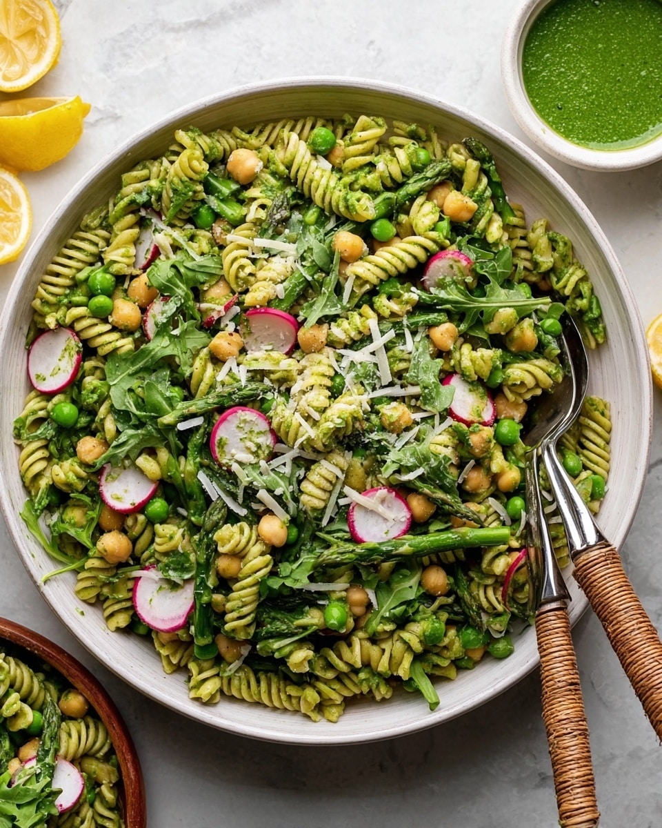 The image shows a large white bowl filled with a colorful pasta salad. The base layer has green fusilli pasta mixed with green peas and chickpeas, giving it a varied texture. On top and mixed throughout are thinly sliced red radishes, green asparagus tips, and fresh leafy arugula. The pasta salad is sprinkled with light grated cheese, adding a subtle white contrast to the green colors. A pair of salad servers with metal heads and woven handles rest on the right side inside the bowl. The bowl sits on a white marbled surface with scattered lemon wedges to the left and a small white bowl of green sauce in the upper right corner. photo taken with an iphone --ar 4:5 --v 7