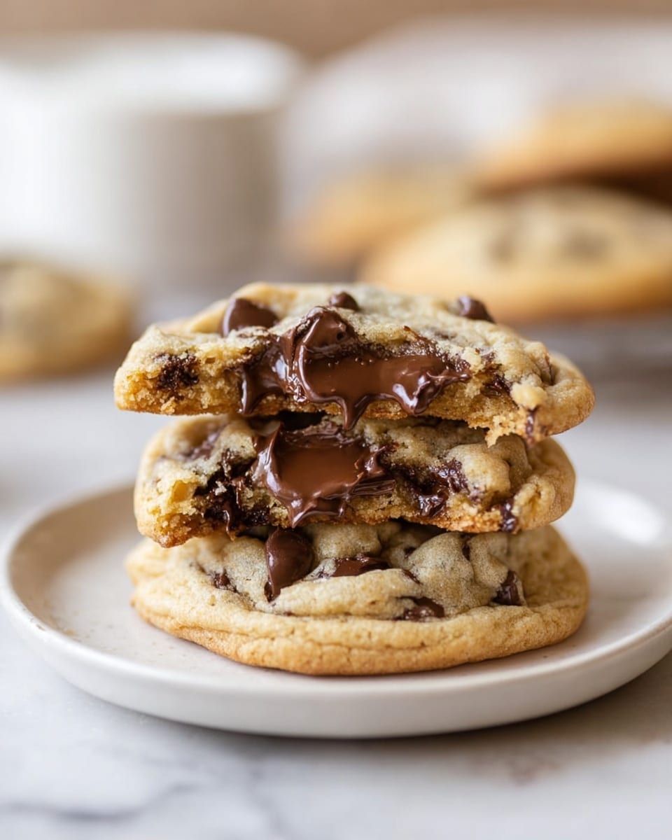 A stack of three light golden brown chocolate chip cookies sits on a white plate, placed on a white marbled surface. The top two cookies are broken in half, showing rich, melted dark chocolate chips with glossy, soft textures inside. The edges of the cookies are slightly crisp and uneven, while the centers look soft and chewy. In the background, there is a blurred white cup and another cookie on the white marbled surface. The photo taken with an iphone --ar 4:5 --v 7