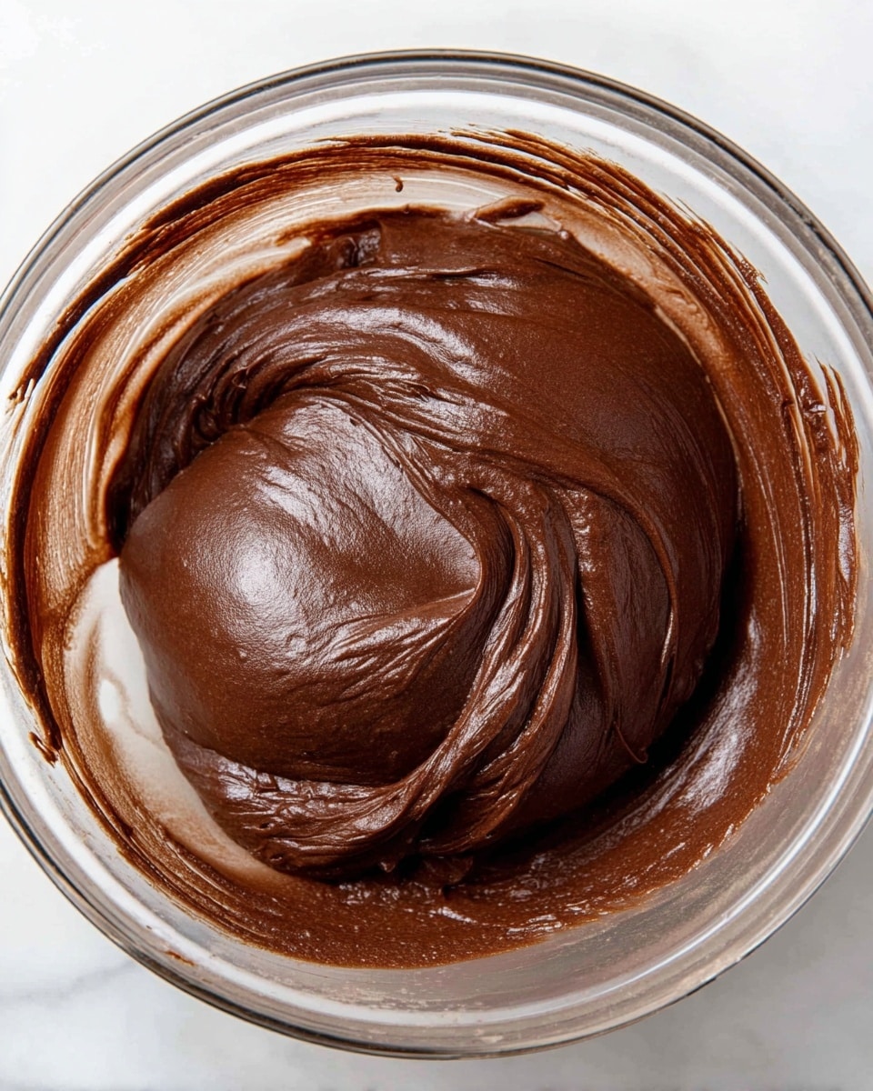 A close-up image of a thick, smooth, dark brown chocolate batter in a clear glass bowl. The batter sits in the center, showing a shiny and creamy texture with gentle swirls and folds that add depth and richness to its look. Around the edges of the bowl, there are smears and streaks of the same chocolate batter. The bowl rests on a white marbled surface. photo taken with an iphone --ar 4:5 --v 7