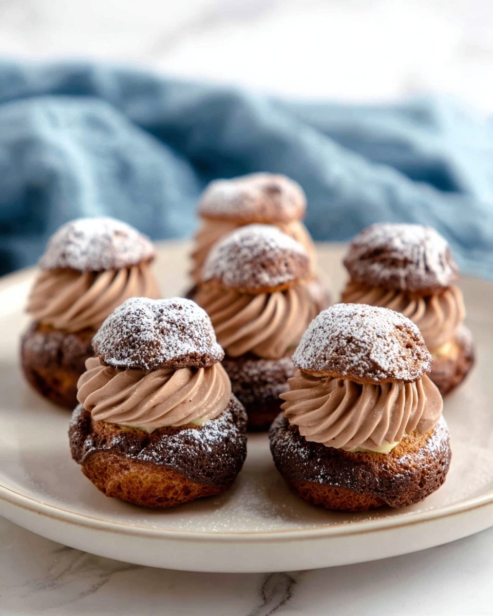 The image shows six small chocolate cream puffs on a white plate with a slightly raised edge, arranged closely together. Each cream puff has two layers: the bottom layer is a dark brown baked choux pastry with a rough texture and a dusting of powdered sugar, and the top layer is a swirl of smooth, light brown chocolate cream in the middle, topped again with a small puff of the same dark brown pastry dusted with powdered sugar. The background features a soft-focus blue and white cloth on a white marbled surface. photo taken with an iphone --ar 4:5 --v 7