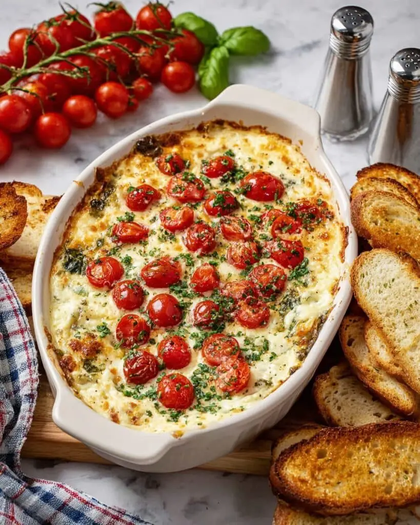 Caprese Dip with Roasted Cherry Tomatoes and Cheesy Topping Recipe