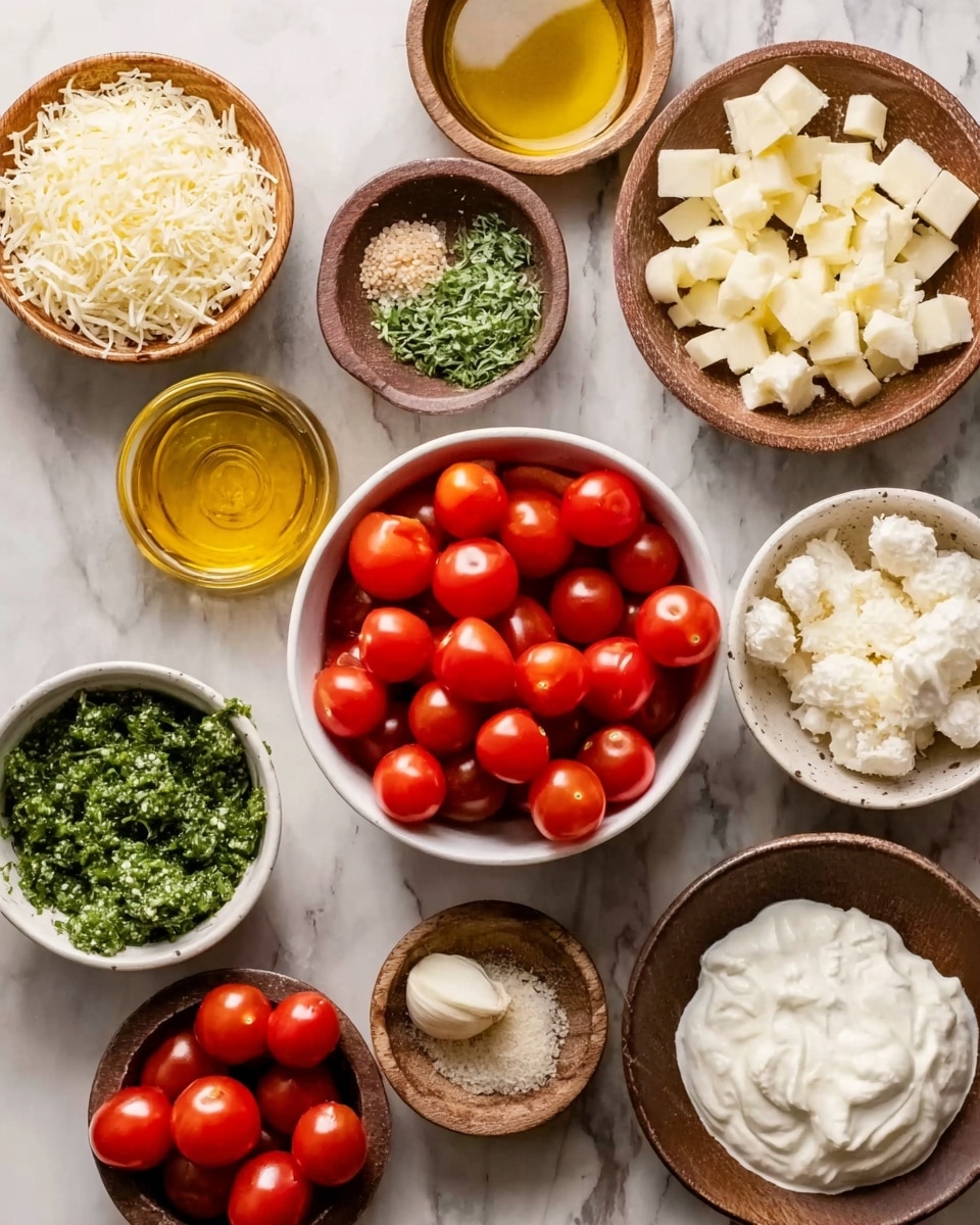 The image shows a top view of several small bowls arranged on a white marbled surface, each filled with different ingredients. In the center is a white bowl full of shiny, red cherry tomatoes. Surrounding this bowl are smaller white bowls and a wooden bowl containing various items: diced white cheese, minced garlic, yellow olive oil, leafy green herbs in a green sauce, grated cheese, parmesan cheese, and thick white cream. The bowls and their contents are neatly organized in a loose circular pattern. Photo taken with an iphone --ar 4:5 --v 7