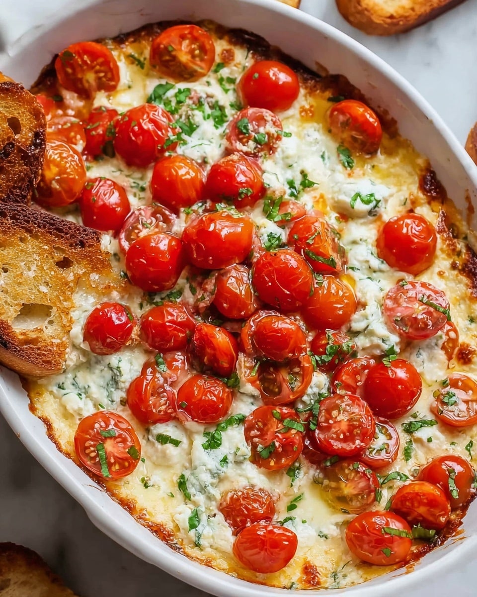 The image shows a white oval baking dish filled with a creamy cheese dip with a golden brown top layer. There are many halved bright red cherry tomatoes spread evenly across the surface, some slightly sunken into the cheese, giving a fresh and juicy appearance. The cheese layer looks smooth but slightly textured with melted, creamy white and light yellow shades. Green chopped herbs are sprinkled on top for color contrast. Pieces of toasted baguette slices, golden brown and crispy, are partially dipped into the cheese, showing the dip’s thick texture. The dish sits on a white marbled surface. Photo taken with an iphone --ar 4:5 --v 7