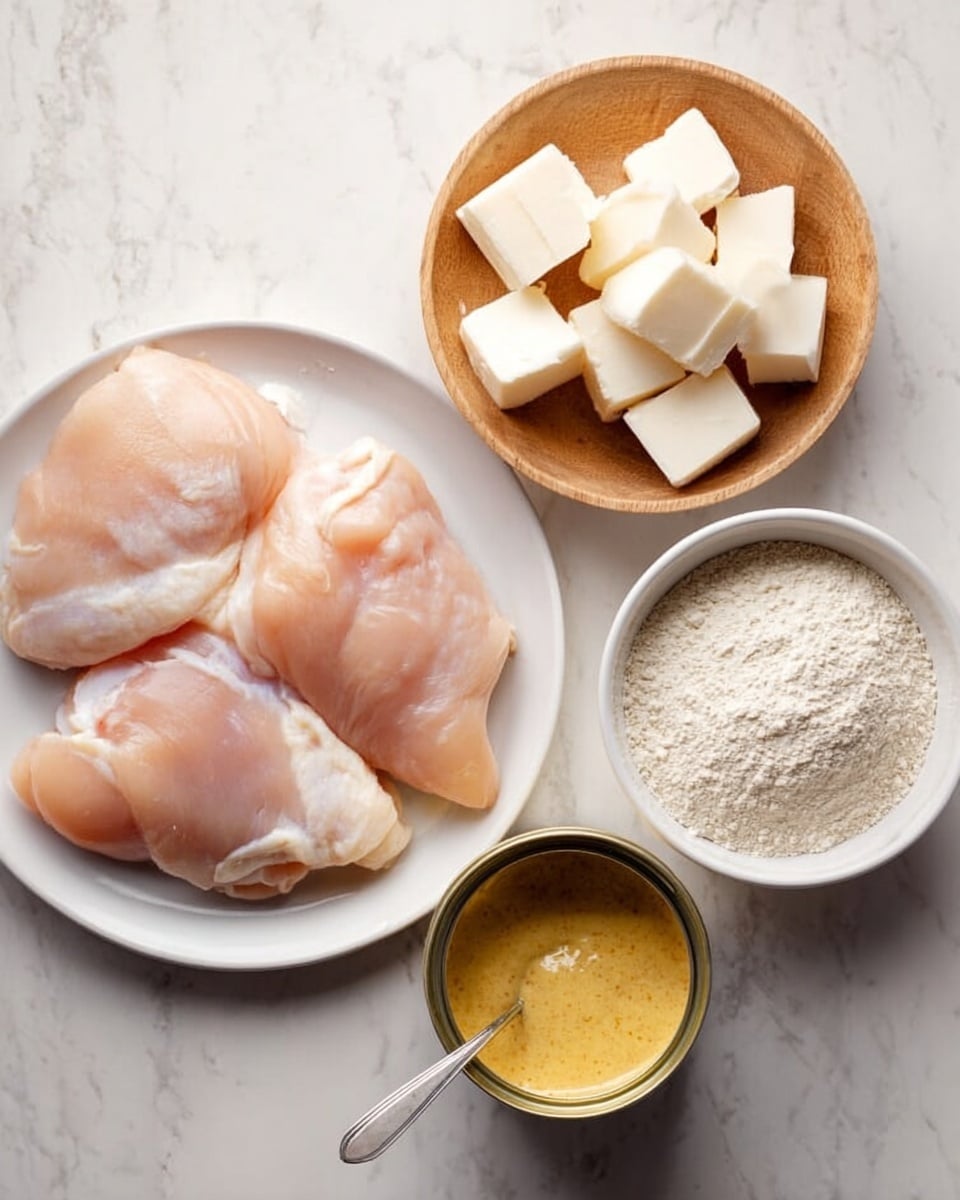 The image shows four raw chicken pieces placed on a white plate, positioned on the left side. To the right of the plate, there is a small wooden bowl filled with white cheese cubes at the top, a white bowl with a light gray powder below it, and an open can of thick yellow sauce with a spoon inside next to the bowls. The background surface is a white marbled texture. Photo taken with an iphone --ar 4:5 --v 7