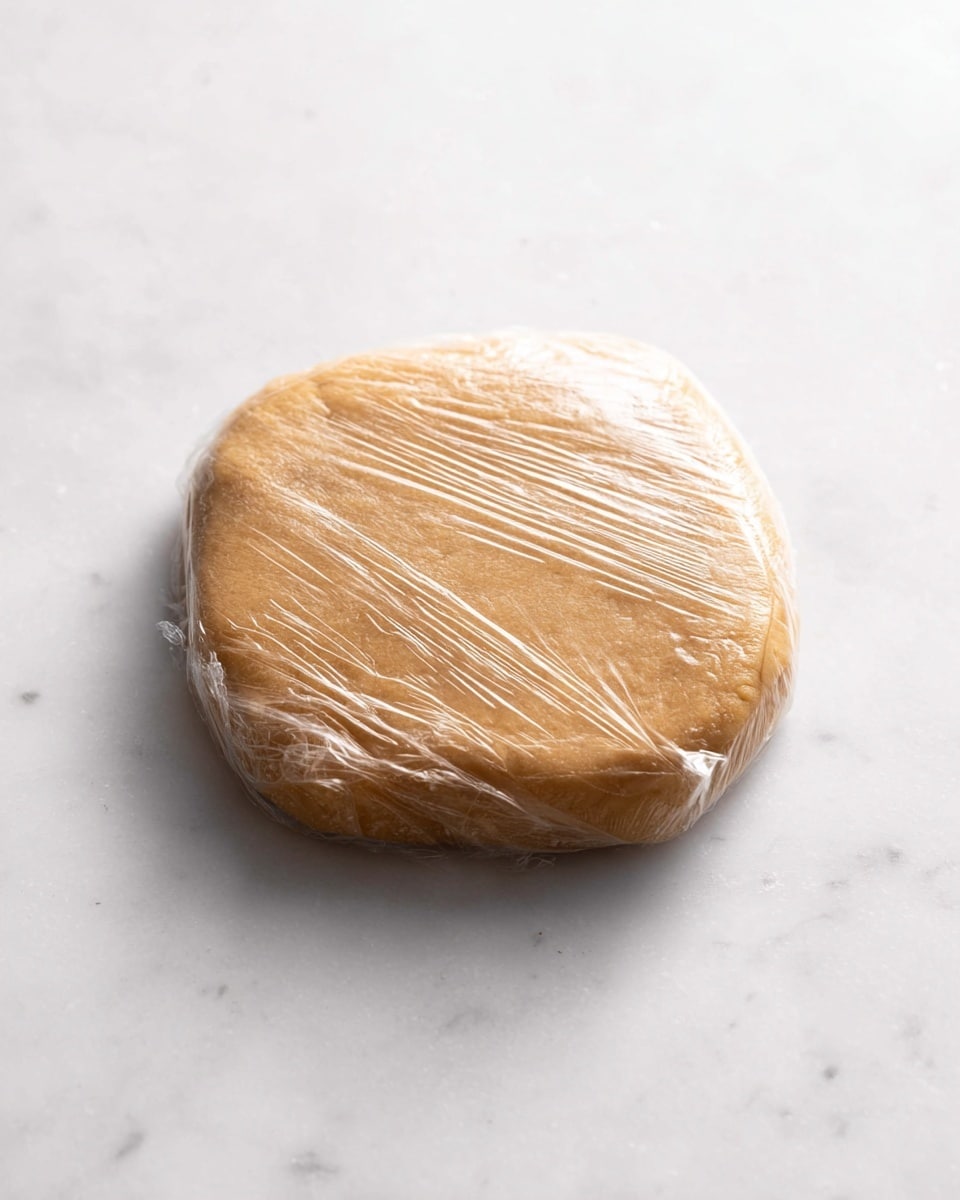 A single round dough disc with a light brown color and soft, smooth texture is tightly wrapped in clear plastic wrap. The dough appears thick and evenly shaped, resting on a clean white marbled surface, with slight wrinkles from the plastic wrap covering it fully. The scene is simple and focused on the dough, with soft, even lighting highlighting the smoothness of the dough’s surface photo taken with an iphone --ar 4:5 --v 7