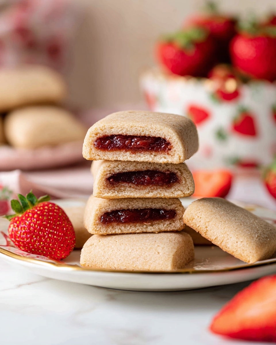A white plate with a gold rim holds a stack of four rectangular pastry bars, each with a light brown, slightly textured dough exterior and a dark red filling inside. The bars have soft edges and the filling is visible in the bars that are cut in half, showing a smooth, jam-like layer inside. Around the plate, more bars are scattered, and in the softly blurred background, there is a white bowl filled with whole strawberries and another bowl decorated with strawberry patterns also filled with strawberries, all set on a white marbled surface. photo taken with an iphone --ar 4:5 --v 7