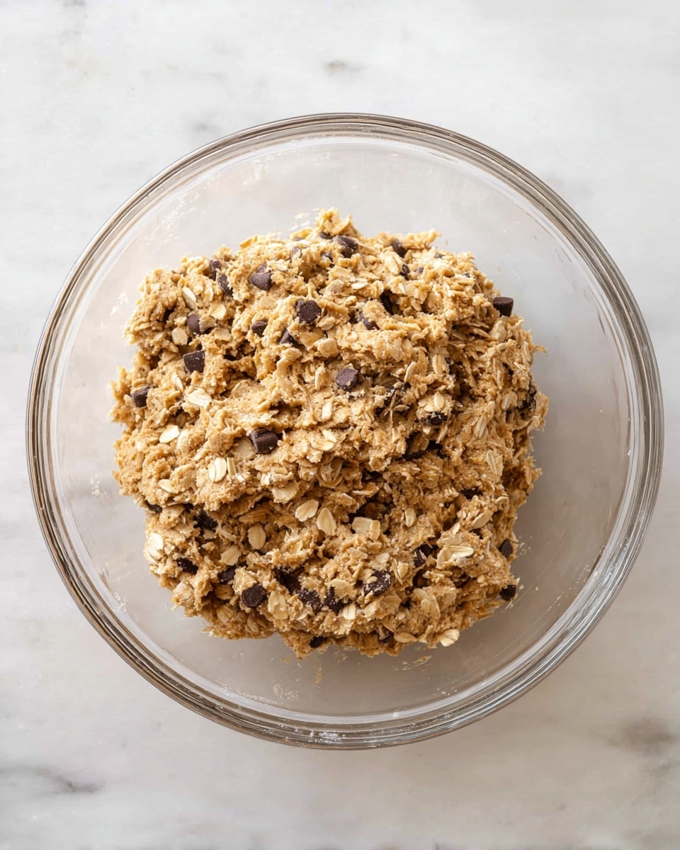 A clear glass bowl sits on a white marbled surface, filled with thick cookie dough mixed with oats and small dark chocolate chips. The dough is unevenly shaped with a rough, chunky texture, showing the layers of light brown dough and white oat flakes speckled with dark chocolate pieces throughout. The dough fills the bowl almost halfway, forming a dense, compact mound centered inside the bowl photo taken with an iphone --ar 4:5 --v 7