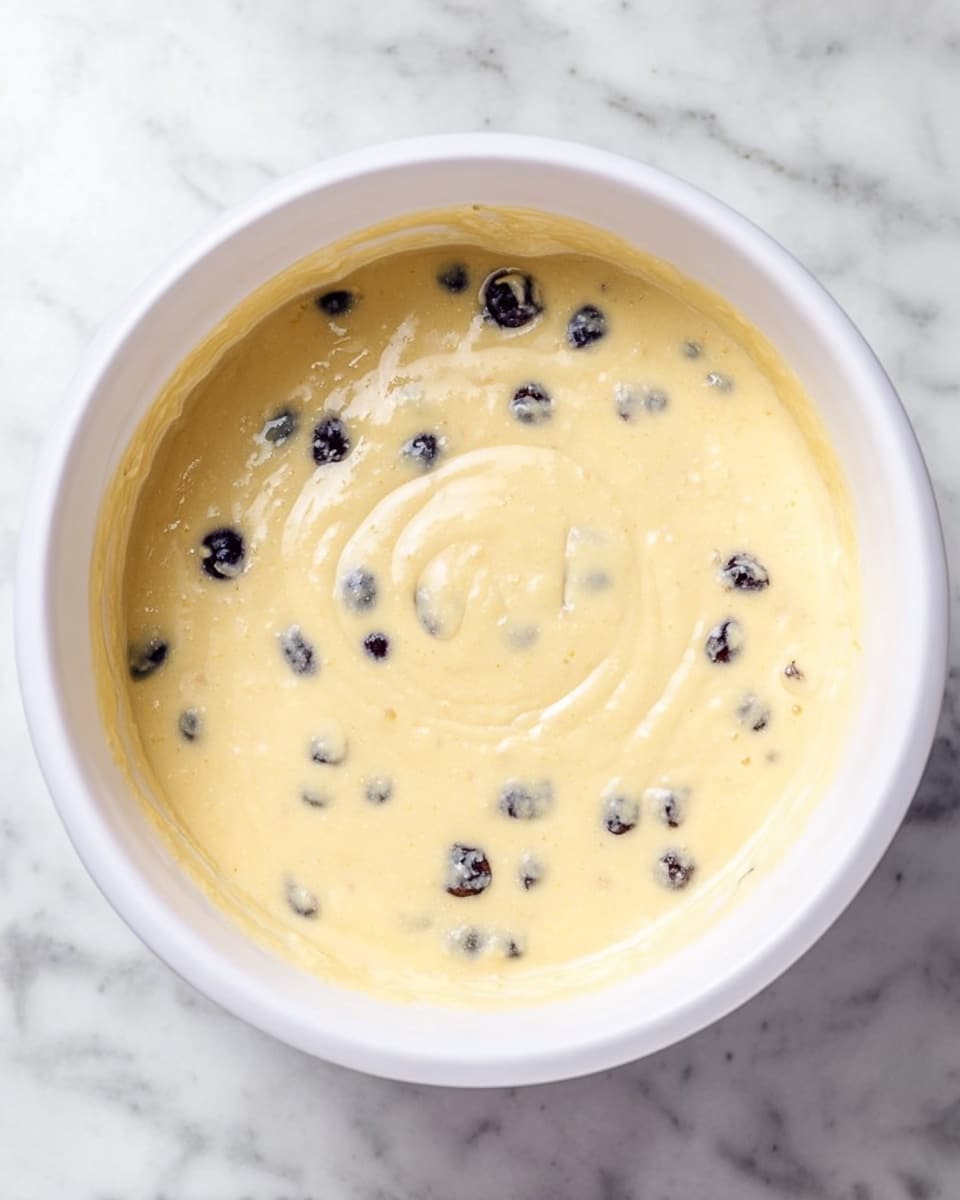 A white bowl filled with light yellow creamy batter that has small dark blueberries mixed evenly throughout. The batter surface is smooth with a slight swirl pattern visible in the center. The bowl is placed on a white marbled surface. photo taken with an iphone --ar 4:5 --v 7