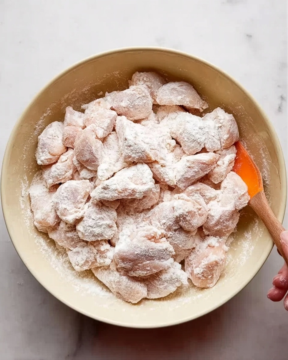 A large white bowl filled with many pieces of raw chicken coated evenly with pale white flour. The chicken pieces are light pink under the flour, and the flour layer looks soft and powdery, covering each piece thickly. A woman's hand holding a wooden spoon with an orange tip is slightly visible to the right, stirring the chicken. The bowl sits on a white marbled surface, creating a clean and bright background. photo taken with an iphone --ar 4:5 --v 7