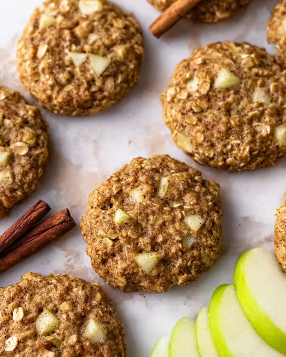 The image shows several round oatmeal cookies with small white apple pieces baked inside. The cookies have a rough, crumbly texture with visible oats and are light brown in color. They are placed on a white marbled surface. Two cinnamon sticks lie across the bottom left corner, adding a dark reddish-brown contrast. In the background, two green apple slices are partially visible, adding a fresh touch. The overall look is warm and cozy. photo taken with an iphone --ar 4:5 --v 7