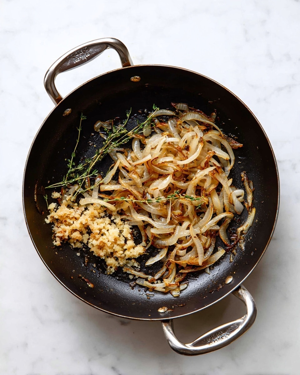 A black pan with two metal handles sits on a white marbled surface, filled with thinly sliced cooked onions that are golden brown and slightly crispy. To the side of the onions, there is a small pile of minced garlic, light beige in color. Sprigs of fresh green herbs, possibly thyme, are scattered on top of the onions. The pan surface looks slightly oily, showing it has been used for sautéing photo taken with an iphone --ar 4:5 --v 7