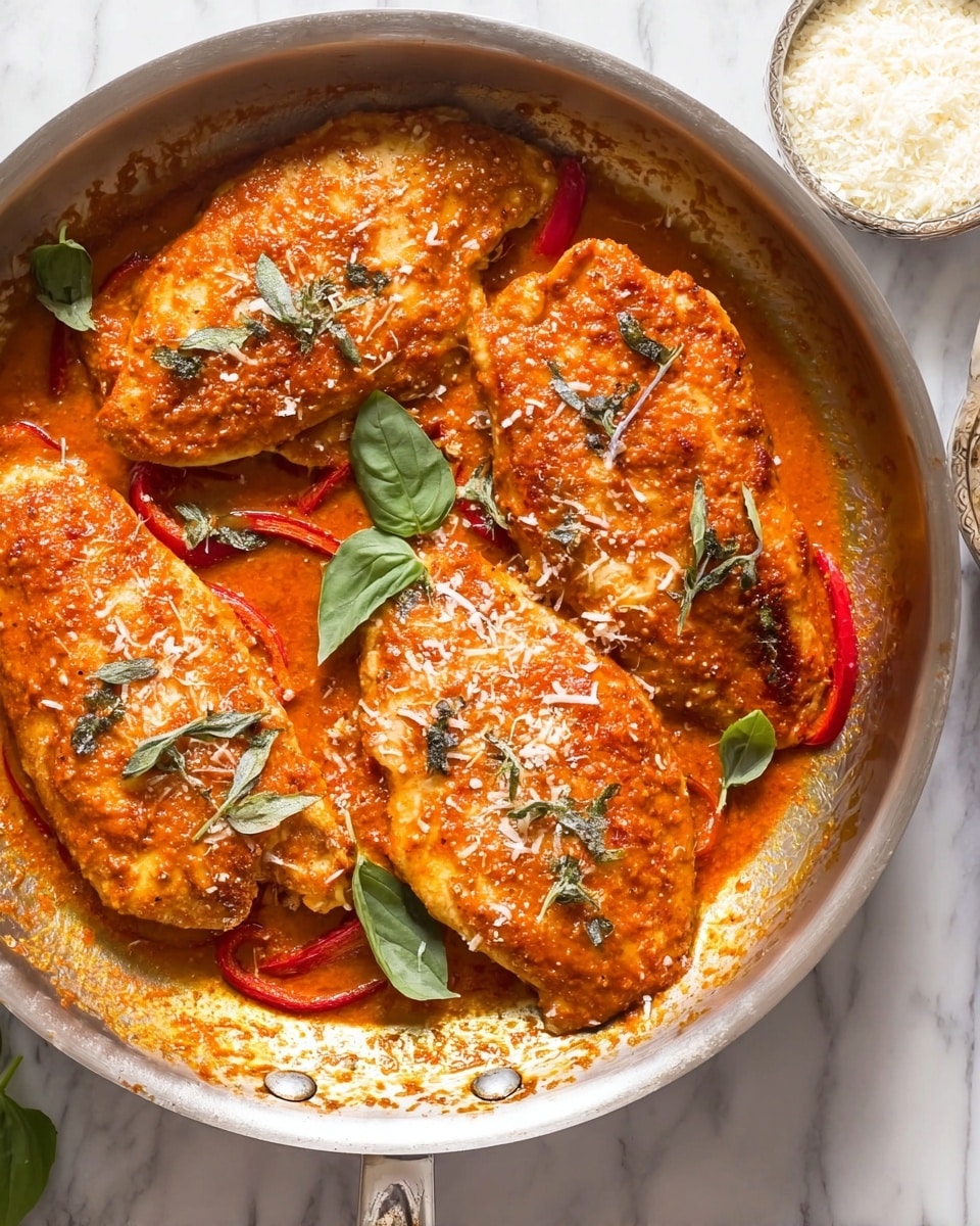 Four pieces of cooked chicken lie in a silver pan, each covered with a thick, orange-red sauce that has a slightly chunky texture. Thin strips of red bell pepper are scattered under and between the chicken pieces. Small green basil leaves and darker green oregano leaves are sprinkled on top, adding contrast. White grated cheese is lightly dusted over the chicken and sauce. The pan has some sauce stains on the side, and it sits on a white marbled surface with a small bowl of grated cheese nearby. Photo taken with an iphone --ar 4:5 --v 7