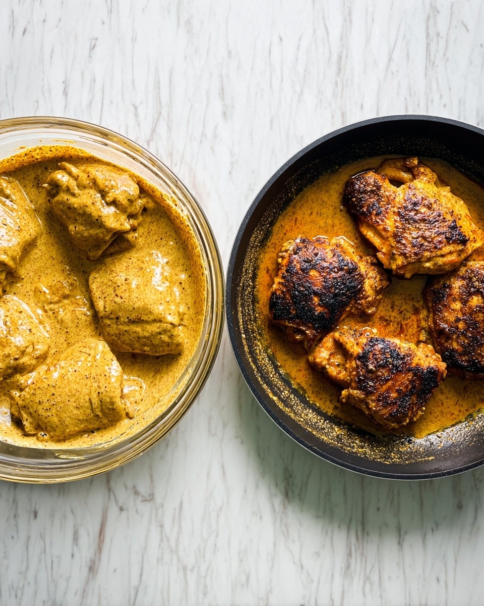Two round containers sit side by side on a white marbled surface. On the left is a clear glass bowl filled with four raw pieces of chicken covered in a thick, creamy, yellow-brown marinade seasoned with black specks of spices. On the right is a black frying pan with four cooked chicken pieces. The chicken in the pan has a dark golden-brown and slightly charred crust, sitting in a shallow pool of oily juices. Photo taken with an iphone --ar 4:5 --v 7