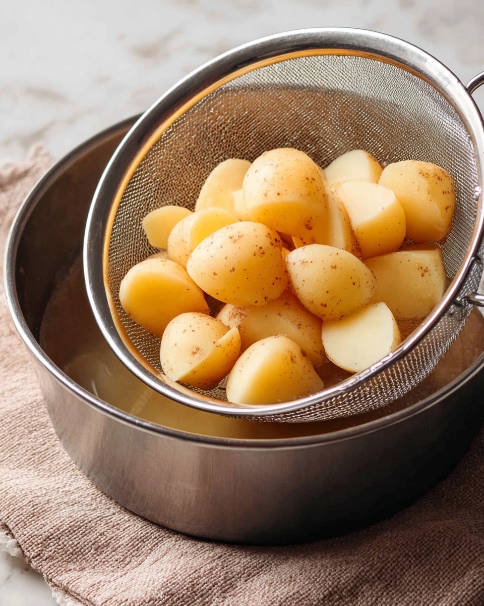 A close-up image showing peeled, cut potatoes being drained in a silver mesh strainer over a dark pot. The potatoes are light yellow with some brown skin spots and look soft. The strainer is tilted, holding the potatoes above the pot which seems to have some liquid inside. The pot sits on a textured beige cloth, and the whole scene is set on a white marbled surface. photo taken with an iphone --ar 4:5 --v 7