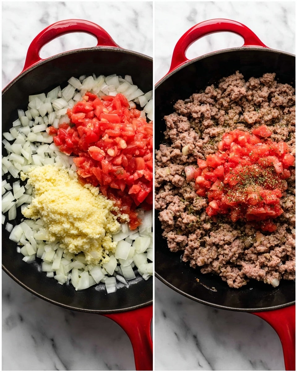 The image shows two views of a cooking pan with a red handle on a white marbled surface. In the first view, inside the black cast iron pan, there is a layer of chopped white onions spread around the edges, with fresh raw ground meat placed in the middle. On top of the raw meat, there is a small mound of finely chopped light yellow garlic. In the second view, the meat is browned and mixed with cooked onions, covering the pan's base. On top of this browned meat layer, there is a pile of chunky red diced tomatoes and a sprinkle of mixed dried herbs, visible as small greenish flakes, with some light yellow garlic pieces still visible. Photo taken with an iphone --ar 4:5 --v 7