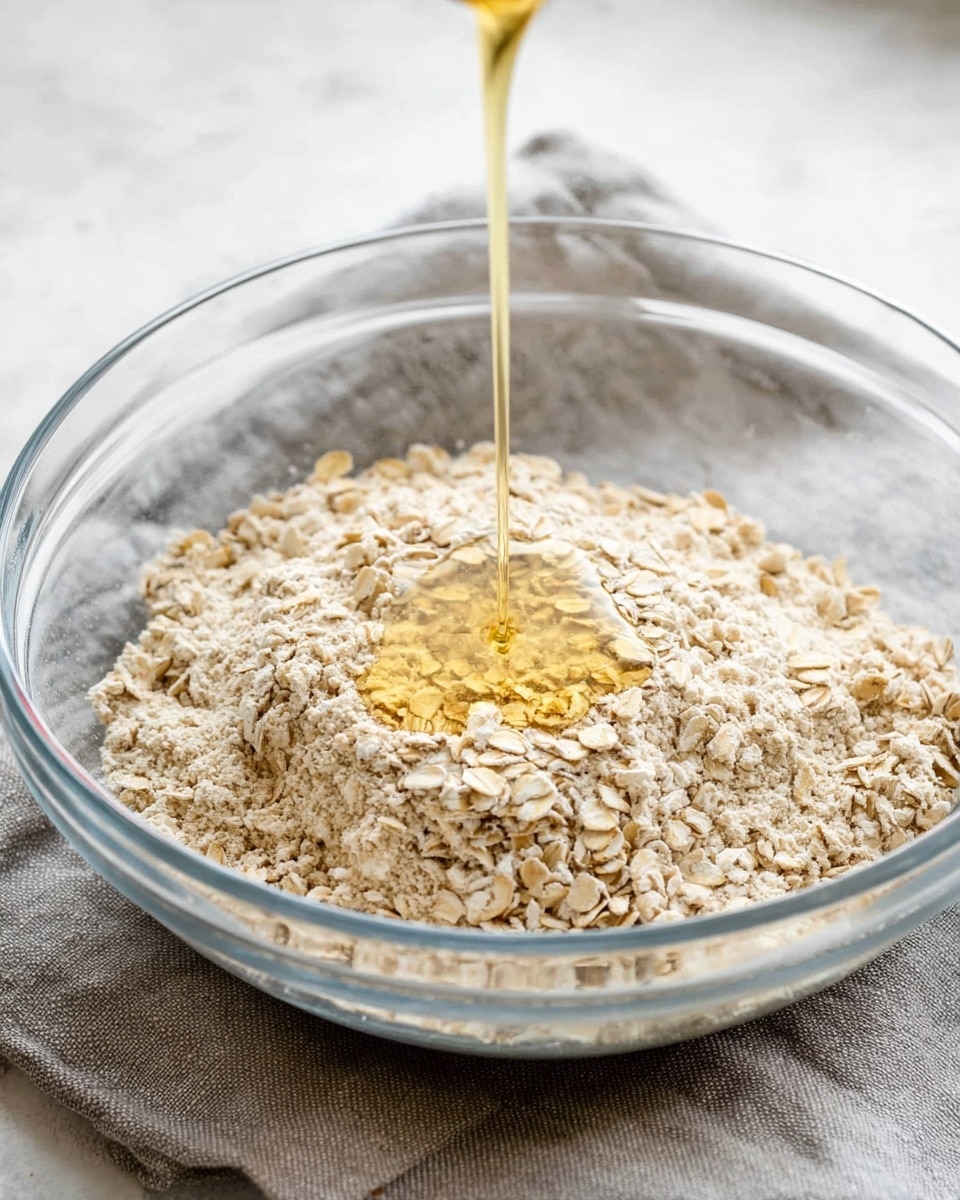 A clear glass bowl holds a dry mix of light beige oats and flour, showing a rough, grainy texture with scattered oat flakes on top. A thin golden liquid is being poured into the center of the bowl, creating a small pool that contrasts with the dry mix. The bowl sits on a light gray linen cloth, placed on a white marbled surface in soft, natural light. Photo taken with an iphone --ar 4:5 --v 7