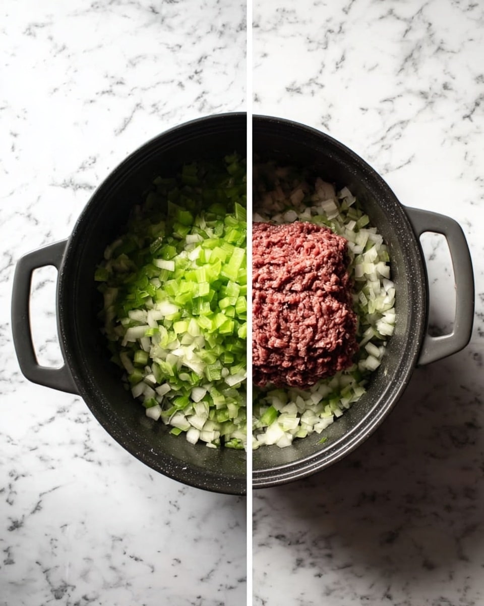 The left side shows a black pot on a white marbled surface filled with chopped green celery and white onions spread evenly on the bottom layer. The right side shows the same pot with the same celery and onion layer, now topped with a large mound of raw ground beef that is reddish-brown, placed in the center. photo taken with an iphone --ar 4:5 --v 7