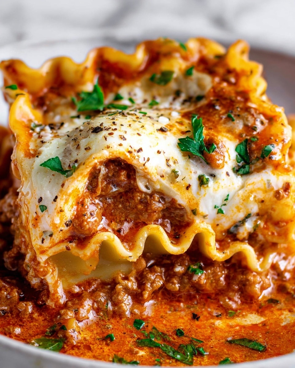 The image shows a close-up of a lasagna piece served on a white plate, placed on a white marbled surface. The lasagna has multiple layers starting with ruffled pasta sheets at the bottom, covered by a rich, thick red-orange meat sauce with visible ground meat and bits of herbs. Above this are creamy white cheese layers that look soft and melty, slightly browned on top with some fresh green parsley leaves scattered for garnish. The pasta edges are slightly curled, showing a textured wavy pattern, and the sauce has a glossy, rich appearance with small black pepper specks across the top. photo taken with an iphone --ar 4:5 --v 7