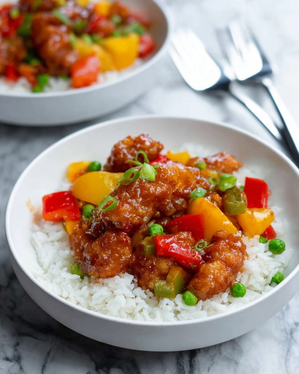 The image shows a white bowl filled with steamed white rice as the base layer, topped with pieces of orange-brown fried meat covered in a glossy sauce. Mixed in are bright chunks of red, yellow, and green bell peppers and small green peas, scattered across the dish. The colors are vibrant and the texture of the sauce looks slightly thick and shiny, coating the meat and vegetables. Another bowl with the same dish is blurred in the background, placed on a white marbled textured surface with two forks beside it. photo taken with an iphone --ar 4:5 --v 7