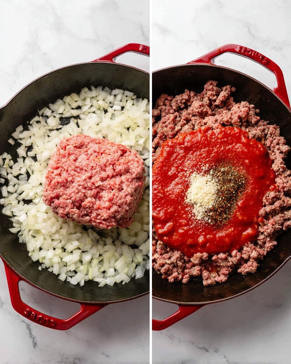 A red cast iron pan sits on a white marbled surface. In the first view, there is a layer of chopped white onions spread across the pan’s base, topped with a large block of pink raw ground meat centered above the onions. In the second view, the ground meat is now cooked and broken into small clumps, evenly spread across the pan. On top of the meat, there is a thick layer of bright red tomato sauce covering the center, with a small pile of finely chopped white garlic and a sprinkle of dark red and brown spices resting on the sauce. Photo taken with an iphone --ar 4:5 --v 7