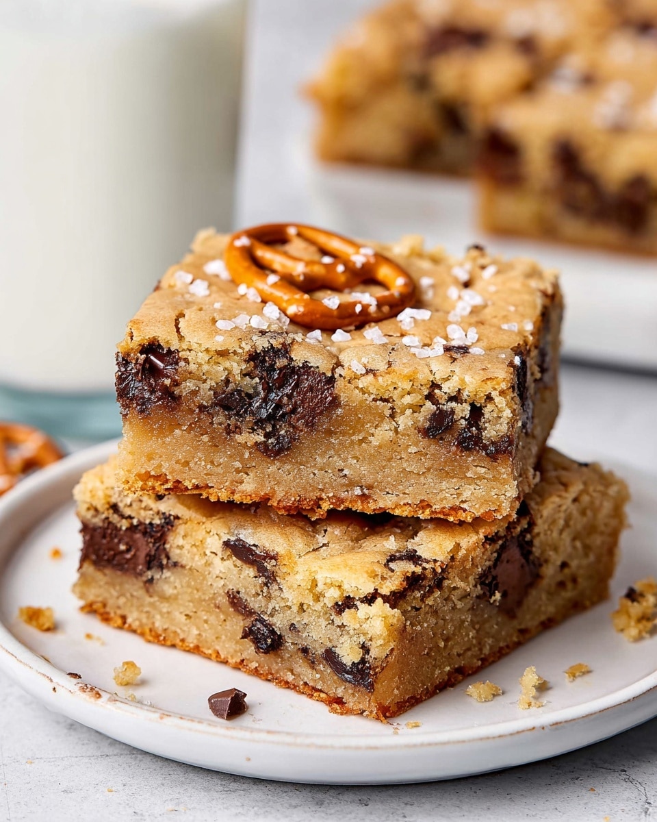 Two square cookie bars are stacked on a white plate, each bar showing a soft, thick, and slightly crumbly texture with visible dark chocolate chunks inside. The top bar has a pretzel piece embedded on the top right side, sprinkled with coarse salt. The cookie bars are golden brown with a few cracks on the surface, and some crumbs can be seen around the base. The background features a white marbled texture with a glass of milk blurred in the back. Photo taken with an iphone --ar 4:5 --v 7