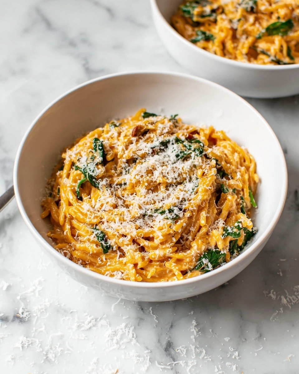 The dish shows a white bowl filled with creamy orange pasta mixed with green spinach leaves, all covered in a light sprinkle of white grated cheese. The pasta looks soft and coated well with sauce, with the green spinach pieces scattered evenly throughout. The bowl is placed on a white marbled surface with some grated cheese flakes around it, adding to the fresh look. In the background, there is a second white bowl with a similar dish, slightly out of focus, giving the main bowl full attention. photo taken with an iphone --ar 4:5 --v 7