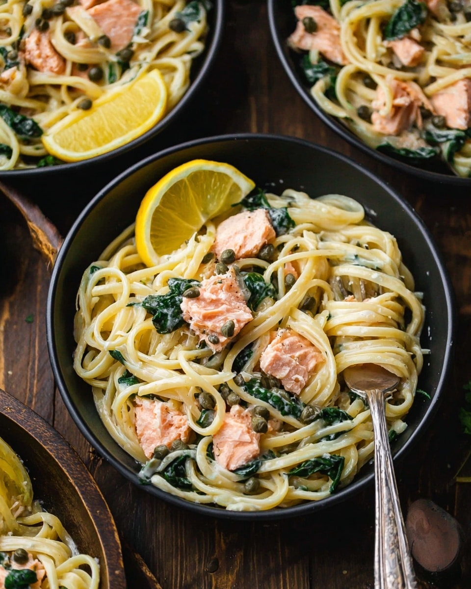 The image shows a black bowl filled with creamy pasta made of light yellow noodles, scattered with chunks of pink cooked salmon and dark green spinach leaves mixed in. On top, there are two thin, bright yellow lemon slices placed on the side, and small dark capers are visible within the sauce and on the salmon. A silver fork rests on the right side inside the bowl, touching the noodles. The bowl is set on a dark wooden surface, partly visible around the bowl edges. Other similar bowls of the same dish are in the background. The photo taken with an iphone --ar 4:5 --v 7