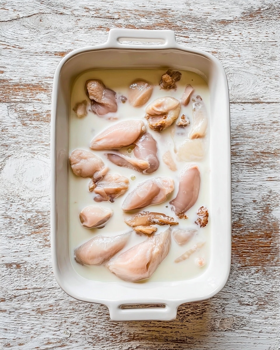 A white rectangular dish filled with pieces of raw chicken submerged in a milky white liquid, with the chicken pieces light pink and smooth in texture. The dish has visible handles at both ends and is placed on a rustic wooden surface replaced by a white marbled texture. The chicken pieces vary in size and shape, some larger and rounded, others smaller and angular, all partly covered by the liquid that creates a glossy sheen over them. Photo taken with an iphone --ar 4:5 --v 7