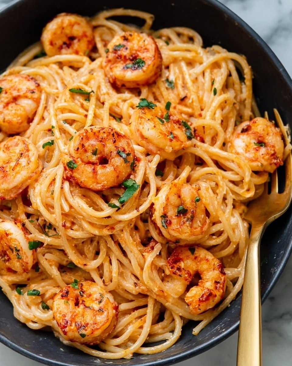 A close-up of a black bowl filled with creamy spaghetti noodles coated in a light orange sauce, topped with browned shrimp scattered evenly across the dish. The shrimp have a slight char and a vibrant orange color with some green herbs sprinkled over them for garnish. A gold fork is partially inserted into the noodles on the right side, resting on the pasta. The background is a white marbled surface. photo taken with an iphone --ar 4:5 --v 7