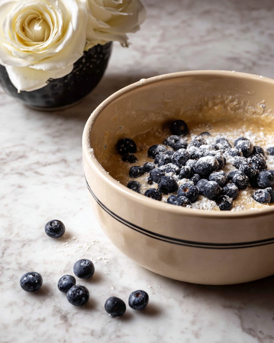 A beige mixing bowl with a thin black line near the bottom holds a batter layer that is light tan in color with a smooth texture. On top of the batter, there is a layer of small dark blue blueberries scattered, some with white powder dusting. Outside the bowl, several loose blueberries are placed on a white marbled surface. In the background on the left side, there is a dark bowl with a large white rose resting on it. Photo taken with an iphone --ar 4:5 --v 7