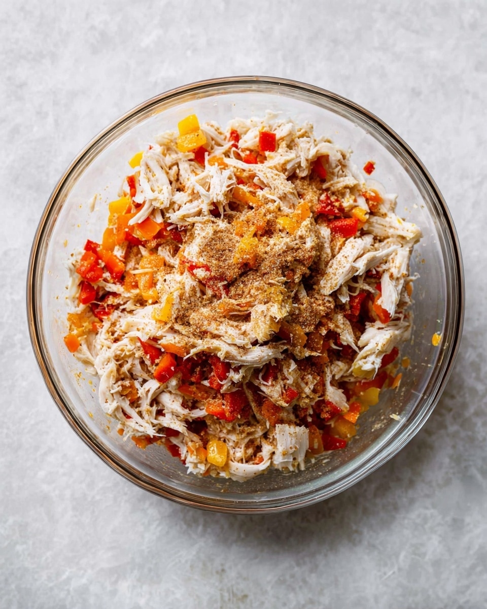 A clear glass bowl filled with a mixture of shredded white chicken meat, finely chopped red and yellow bell peppers, and a light dusting of brownish seasoning on top. The bowl is placed on a white marbled surface, showing the colorful and textured ingredients clearly with no other items around. Photo taken with an iphone --ar 4:5 --v 7