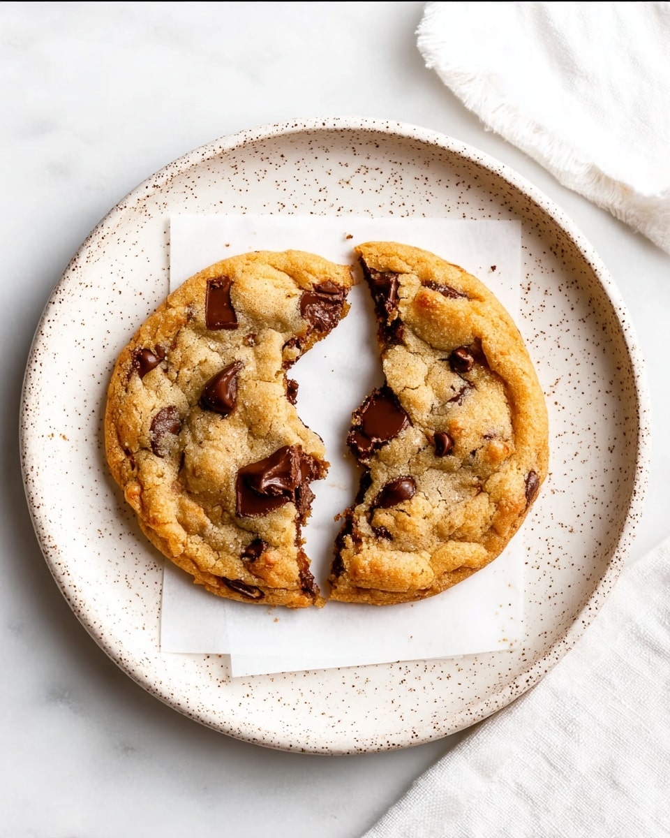A large, round chocolate chip cookie is placed in the center of a white plate with a speckled rim. The cookie is broken into two halves, showing its soft and chewy inside texture with melted dark chocolate chips scattered unevenly within. Beneath the cookie is a square white piece of paper, adding a slight contrast to the plate. The scene is set on a white marbled surface, and a white cloth napkin is partially visible on the right side. The lighting is bright, highlighting the golden-brown color and slightly crisp edges of the cookie. Photo taken with an iphone --ar 4:5 --v 7