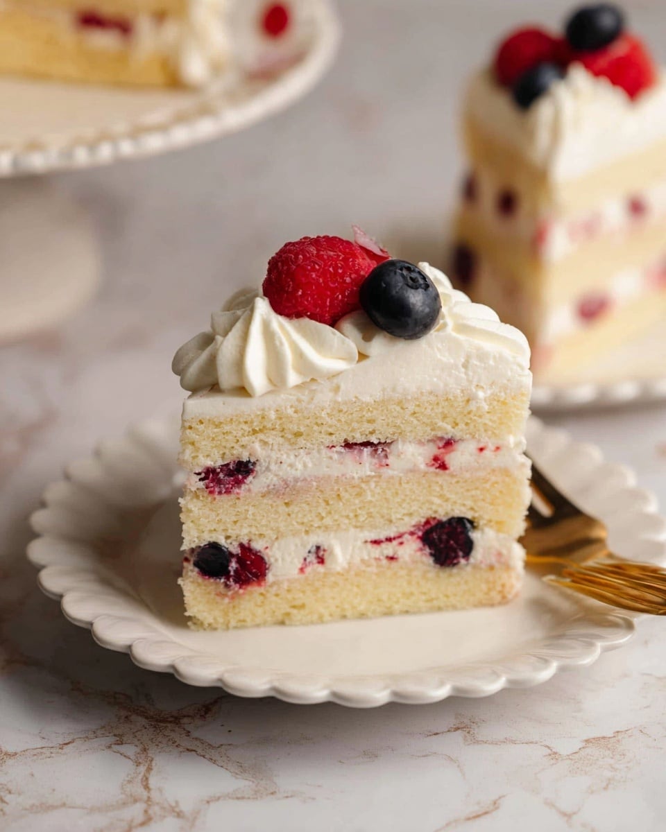 The image shows a slice of layered cake on a white scalloped plate. The cake has three layers of light yellow sponge with two layers of white cream mixed with pieces of red and dark blue berries in between. On top, there is thick white cream piped with a soft texture, decorated with a single dark blue berry and a small piece of red berry. In the background, there is another similar cake slice on a white plate, and the surface beneath is a white marbled texture. A gold fork rests near the plate. Photo taken with an iphone --ar 4:5 --v 7