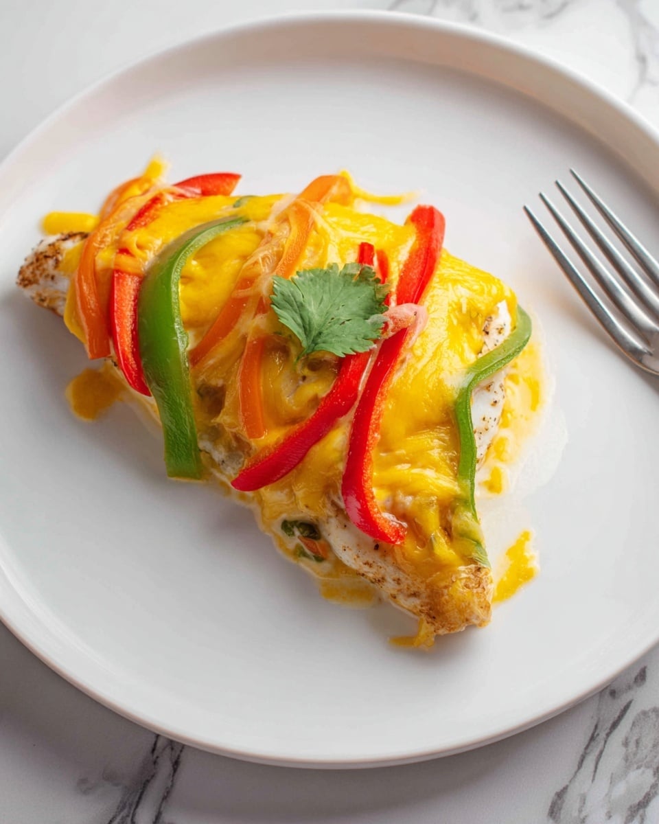 A cooked piece of white fish on a white plate, covered with a melted layer of bright yellow cheddar cheese. On top are thin strips of red and green bell peppers arranged diagonally, and a small green cilantro leaf near the center. Underneath the cheese, bits of yellow pepper and white sauce can be seen. The plate is placed on a white marbled surface. A fork is visible near the bottom right edge of the plate. Photo taken with an iphone --ar 4:5 --v 7