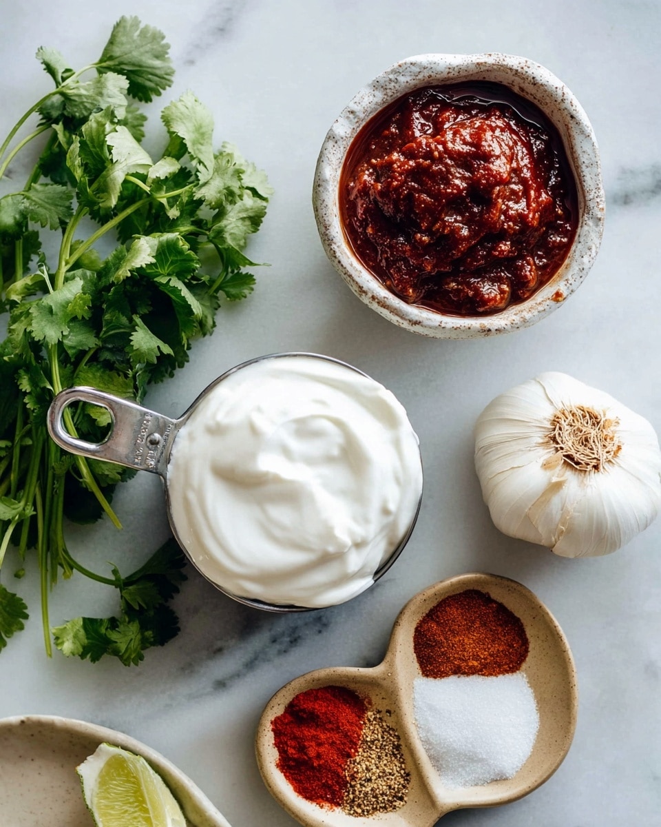The image shows a close-up top view of a white marbled surface with several ingredient containers and items arranged neatly. At the top left, there is a small white rustic bowl filled with a thick, dark red sauce with a chunky texture. Below that, slightly off-center, is a metal measuring cup filled with smooth, white sour cream. To the right, a bunch of fresh green cilantro leaves sits next to a white garlic bulb with light brown roots. Further right, a beige small bowl holds three powders: bright red chili powder, coarse white salt, and light brown ground spice. A small part of a white plate with a lime wedge and extra white sour cream is seen at the bottom left corner. The arrangement is clean with natural lighting, photo taken with an iphone --ar 4:5 --v 7
