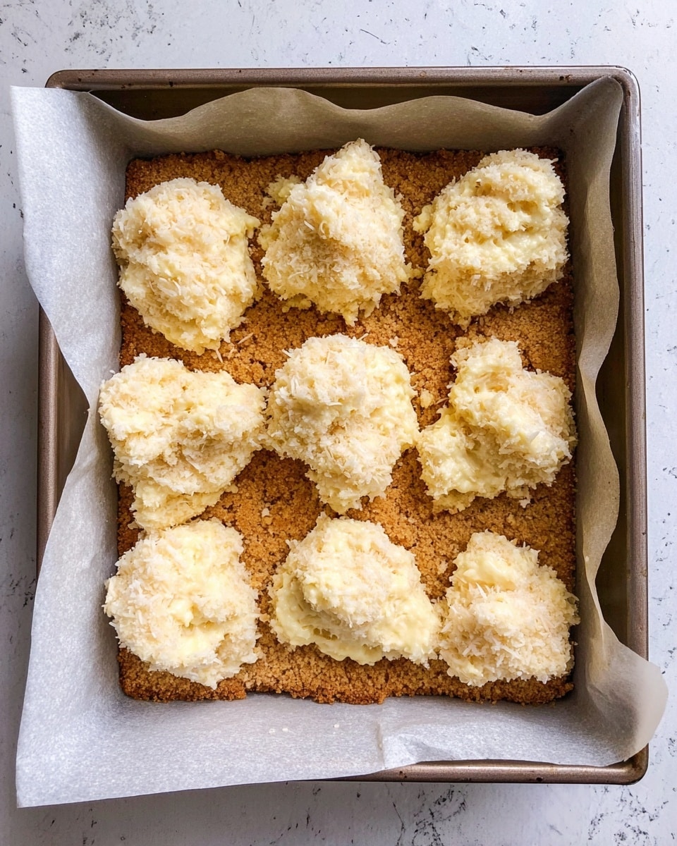 A square metal pan lined with white parchment paper holds a layer of golden brown crumbly crust that covers the whole base evenly. On top, there are 11 uneven dollops of creamy, pale yellow coconut filling spaced apart, showing a rough, fluffy texture and a soft, thick consistency. The pan rests on a white marbled surface. photo taken with an iphone --ar 4:5 --v 7