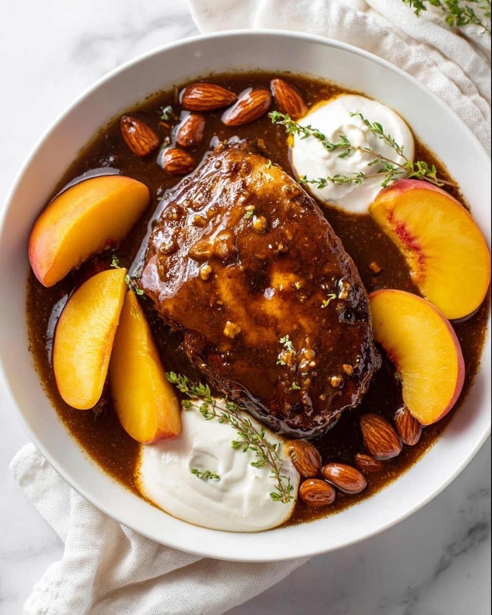 A white bowl sits on a white marbled surface filled with a large, glazed piece of cooked meat covered in shiny brown sauce, centered in the middle. Around the meat are four warm orange peach slices with a soft texture. There are clusters of glossy brown almonds scattered near the peaches. Two dollops of thick white cream are placed opposite each other, nestled partly against the peach slices. Small green herb sprigs rest on top of the sauce near the meat, adding a fresh touch. A soft white cloth is partially seen in the background. Photo taken with an iphone --ar 4:5 --v 7