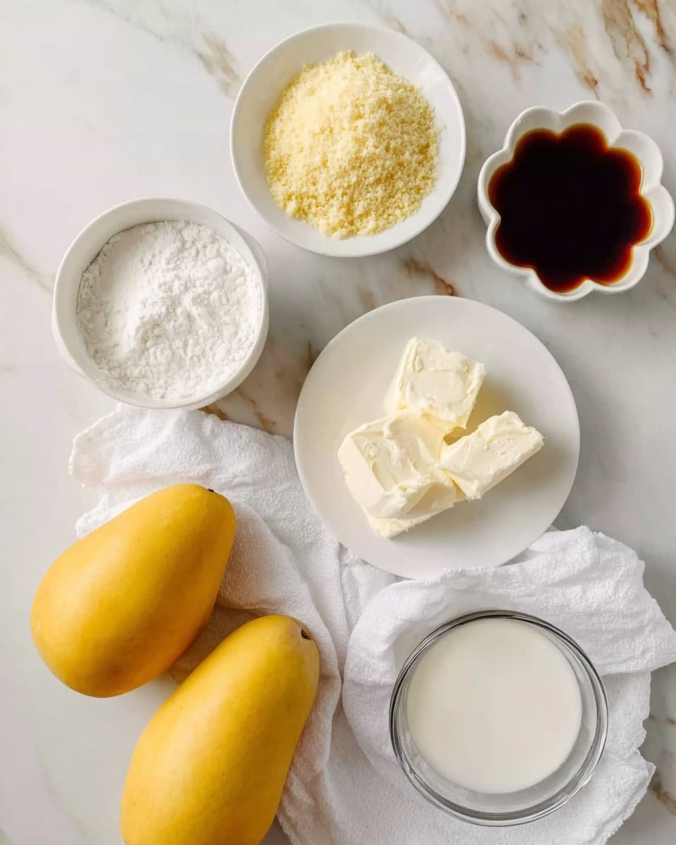 The image shows five small white bowls and two yellow mangoes on a white marbled surface. One bowl holds a crumbly light yellow powder, placed near the top center. Below it are two chunks of creamy white butter on a plain white plate. To the right, there is a flower-shaped white dish filled with a dark brown liquid. Below that, a glass bowl contains a white powdery substance, partially covered by a white cloth. At the bottom center is another white bowl filled with a smooth white liquid. Two whole yellow mangoes with smooth skin are placed on the left and bottom edges of the scene. The photo is taken with an iphone --ar 4:5 --v 7