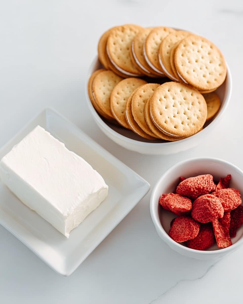 The image shows three white dishes on a white marbled surface. The largest dish is a round white bowl filled with two neat layers of golden sandwich cookies, arranged standing up and slightly overlapping. Next to this bowl is a small round white bowl full of red freeze-dried strawberry slices, with their rough, crumbly texture visible. To the left is a square white plate holding a single block of plain white cream cheese with smooth sides. The overall image is bright and clean, with the white marbled surface adding subtle texture. photo taken with an iphone --ar 4:5 --v 7