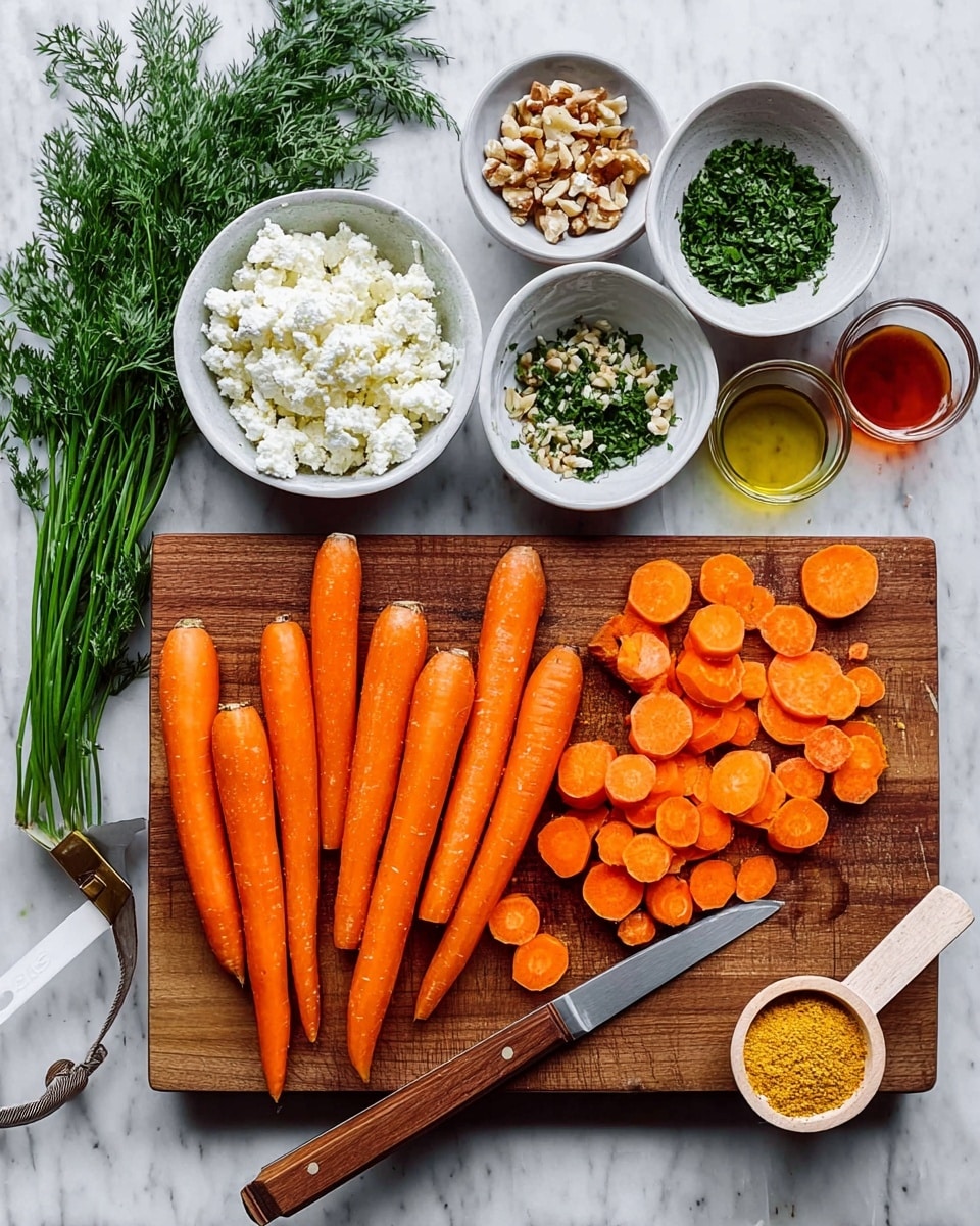 A wooden cutting board sits on a white marbled surface, holding several whole bright orange carrots on the right side and many carrot slices spread on the left side. A knife with a wooden handle rests on the board, angled between the whole carrots and slices. Surrounding the board are small white bowls containing various ingredients: white cottage cheese, chopped green herbs, chopped nuts, and finely chopped dark green dill. Next to the bowls are small glass containers with oil and a reddish liquid, and a wooden measuring spoon holding yellow powder. The scene is set with a fresh and clean look, emphasizing the colorful fresh vegetables and ingredients. Photo taken with an iphone --ar 4:5 --v 7