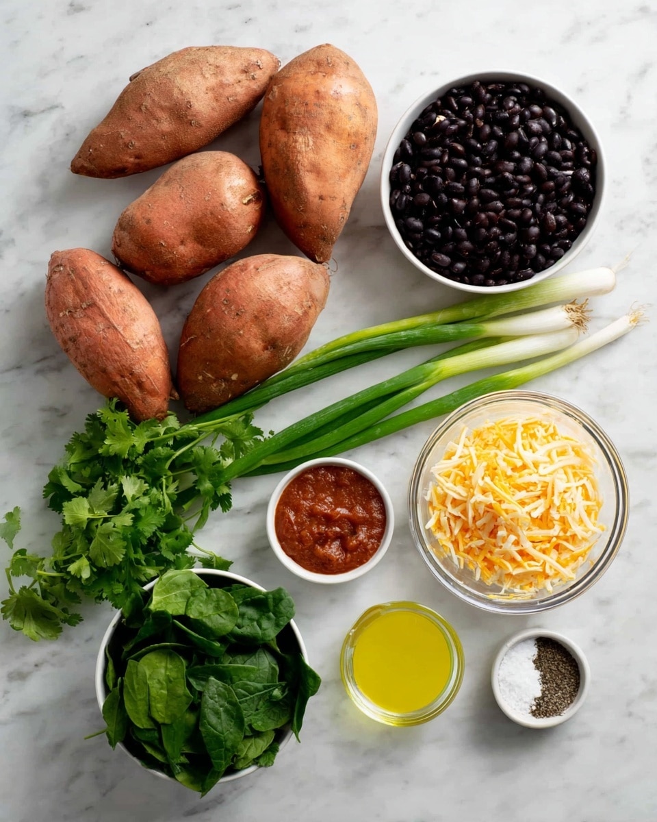 The image shows raw ingredients arranged neatly on a white marbled surface. There are five whole sweet potatoes with a rough orange-brown skin placed on the left side. Below them lie three green onions with long white and green stalks, and a bunch of fresh cilantro with bright green leaves. On the right side, there are four bowls: one bowl of black beans with a deep purple-black color, one clear glass bowl filled with shredded yellow and white cheese, one white bowl containing reddish-brown salsa, and another bowl holding fresh dark green spinach leaves. Near the center bottom is a clear glass cup with bright yellow oil. In the middle, a small white bowl holds salt and black pepper. photo taken with an iphone --ar 4:5 --v 7