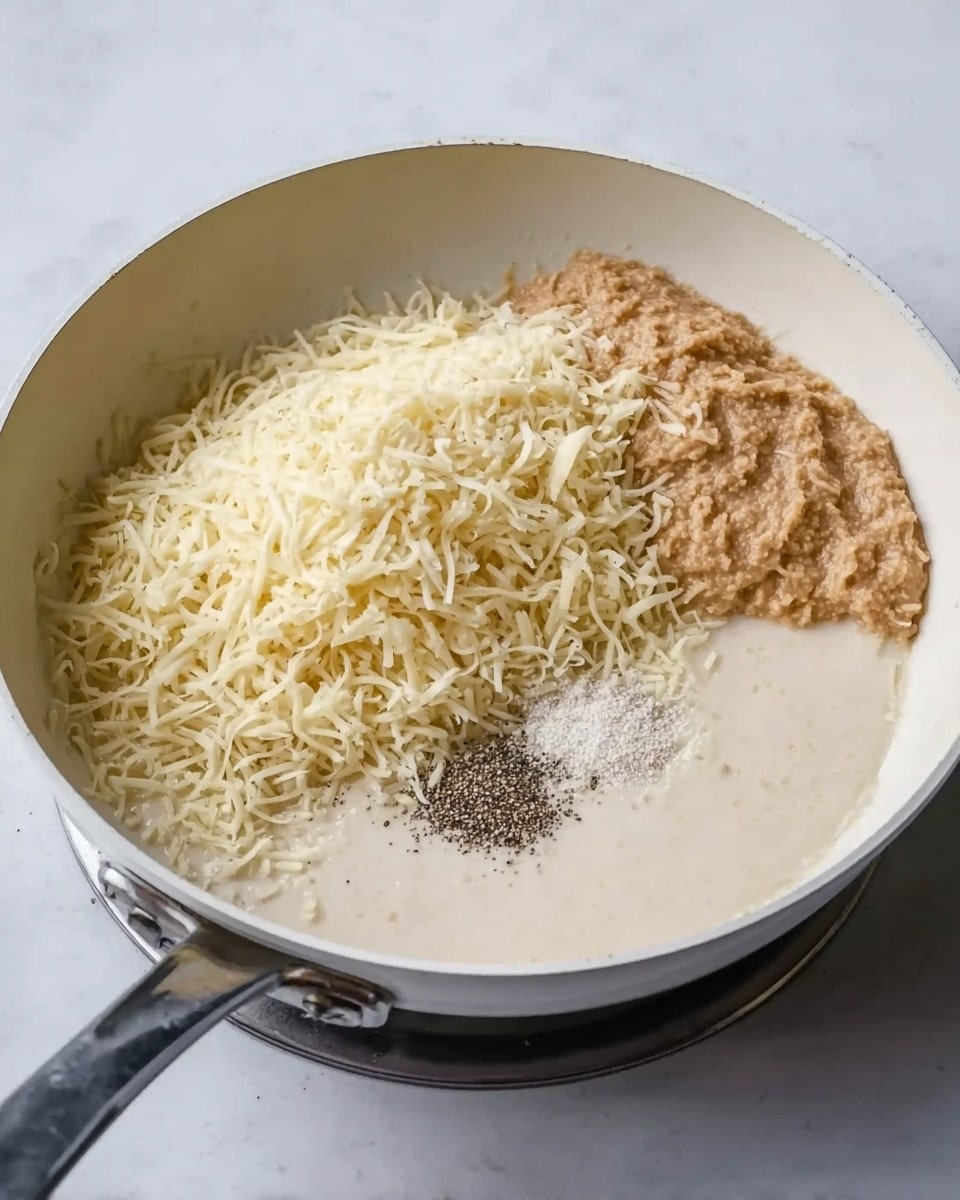 A close-up image of a white frying pan on a stove with four distinct layers of ingredients inside, placed on a white marbled surface. The bottom layer is a smooth, light cream-colored liquid that covers the pan’s base. On one side rests a large pile of finely shredded pale yellow cheese with a fluffy texture. Next to it, there is a mound of thick, light brown paste with a slightly coarse texture. Between the cheese and paste, two small piles of fine grains are visible, one white like salt and the other dark gray like ground pepper. Photo taken with an iphone --ar 4:5 --v 7