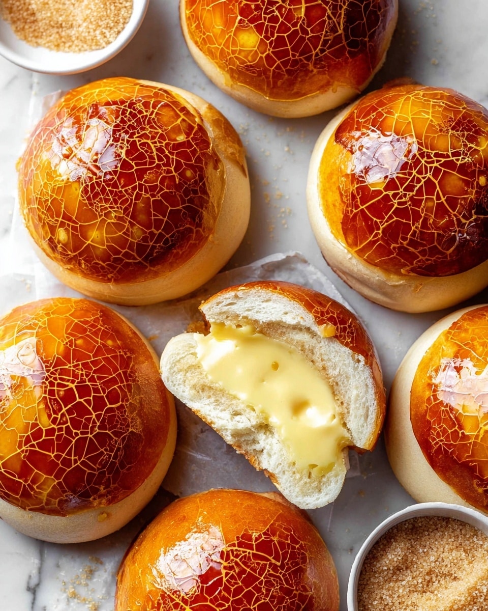 The image shows several round pastry buns with a shiny, cracked amber sugar glaze on the top layer. Inside, the buns have a soft, light beige bread layer with a thick, creamy, pale yellow custard filling. The buns are arranged on a white marbled surface, and one bun is cut open, showing the smooth custard inside. The amber glaze is glossy, with a web-like crack pattern, and some custard slightly oozes out from a few buns. A small white bowl filled with light brown sugar is also visible on the side. photo taken with an iphone --ar 4:5 --v 7