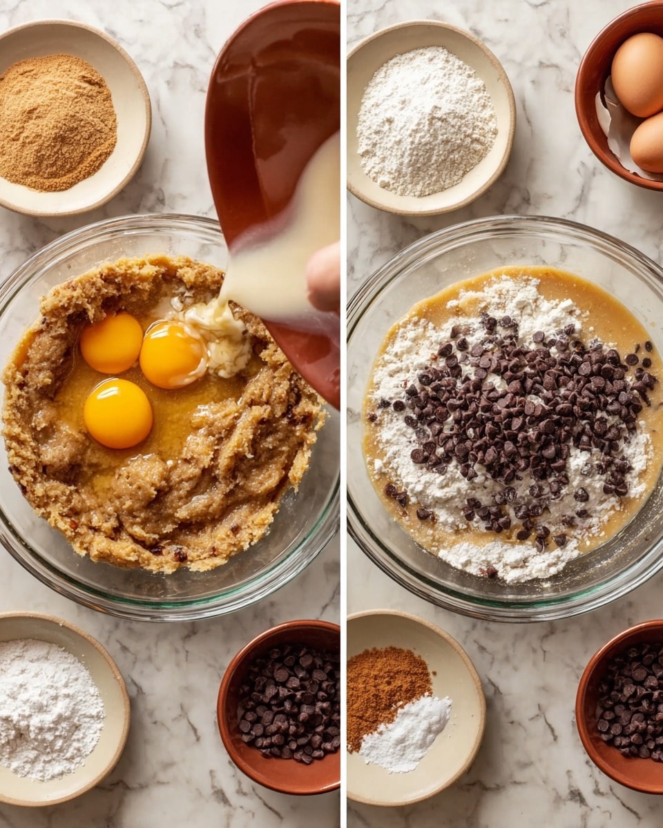 Two side-by-side images show the steps of making cookie dough in a clear glass bowl on a white marbled surface. The left image shows a layer of light brown sugar and mashed banana at the bottom, topped with two cracked eggs, with a woman's hand holding a brown bowl pouring in liquid. The right image shows the same bowl now filled with a light brown batter, with a layer of white flour and dark brown chocolate chips on top, ready to be mixed. Around the bowl, there are small white plates and bowls with ingredients like brown sugar, unmelted chocolate chips, and another brown bowl. photo taken with an iphone --ar 4:5 --v 7