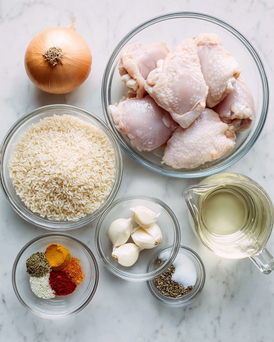 The image shows several clear glass bowls and a bottle arranged on a white marbled surface. One large glass bowl on the right holds five pieces of raw light pink chicken thighs with smooth skin. Below that, another large glass bowl is filled with uncooked long grain rice that is pale yellow. To the left is a small glass bowl with six peeled white garlic cloves. Above that is a whole light brown onion with a papery texture. In the middle, a small glass bowl contains an assortment of spices, including bright red paprika, yellow turmeric, dried green herbs, and white salt. Beside it is a tiny bowl with coarse salt and black pepper. A clear measuring cup filled with water is placed near the center. On the far right, a clear bottle contains a pale yellow cooking oil. photo taken with an iphone --ar 4:5 --v 7