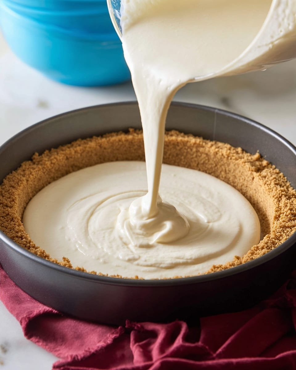 A dark round pan filled with a thick crumb crust that lines the bottom and sides evenly, light brown and textured. A creamy white mixture is being poured into the center of the crust from above, flowing smoothly and thickly, creating soft swirls as it lands. The pan is placed on a white marbled surface, with a blue object and a white bowl blurred in the background. A deep red cloth is partially visible near the pan. Photo taken with an iphone --ar 4:5 --v 7