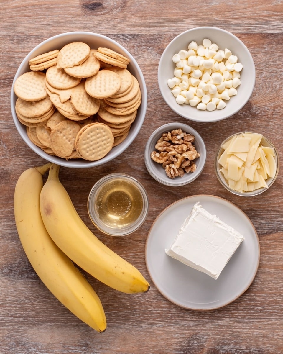 A wooden surface holds several white bowls with different ingredients: a large bowl filled with many beige sandwich cookies stacked and spread out, a medium bowl with white chocolate chips, a small bowl containing walnut pieces, another small bowl with thin banana chips, and a clear small glass with a light golden liquid. Next to the bowls, there is a white plate holding a block of cream cheese, and in front of it, two whole yellow bananas lie side by side. The white marbled background is not visible, but please imagine the setup on such. Photo taken with an iphone --ar 4:5 --v 7