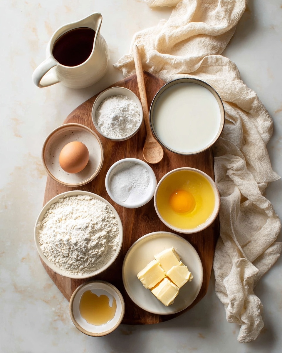 A wooden board holds nine small white bowls and dishes arranged neatly on a white marbled surface, with a light beige cloth softly draped around them; the top center has a round bowl filled with white milk, next to it on the right is a small white bowl with white powder and a small wooden spoon, below that is a white bowl filled with bright yellow liquid; on the bottom right side is a small white dish holding a brown egg, beside it is a small bowl with two pieces of pale yellow butter, and to the left of that is a small white bowl of white sugar; the bottom left has a small bowl with a splash of golden liquid, while the center bottom has a white cup filled with white flour and a small dish holding salt placed inside; to the top left corner is a white pitcher with dark brown liquid. photo taken with an iphone --ar 4:5 --v 7